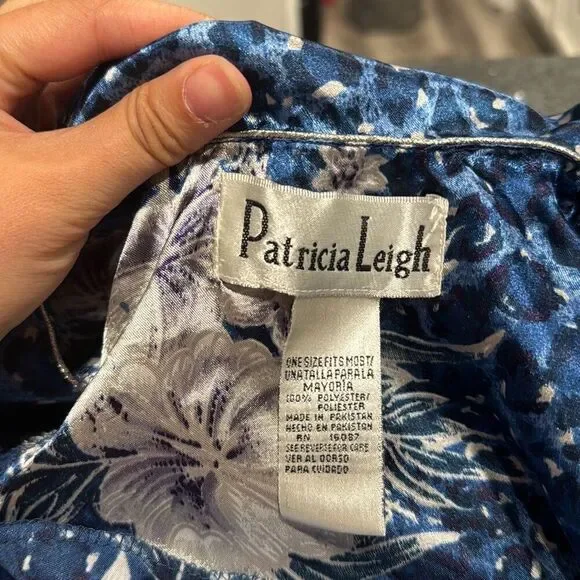 Patricia Leigh Vintage Womens Blue Leopard Print Floral Satin Kaftan OSFM EUC - Picture 3 of 5